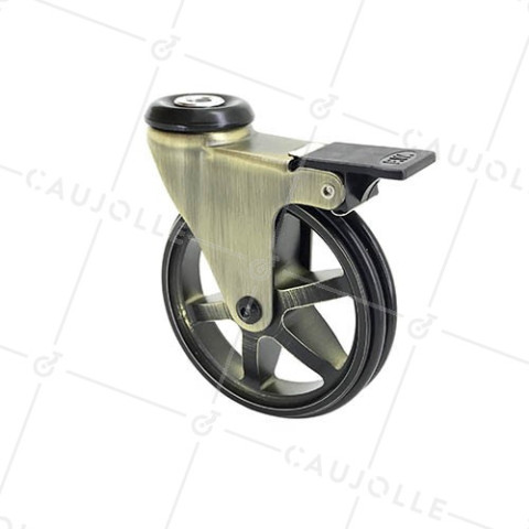 ROULETTE DESIGN RÉTRO À FREIN EN ALUMINIUM DORÉ DIAMÈTRE 100 MM CHARGE 55KG À FIXATION DE 10 MM - GOLDSTYL100OAF • Caujolle