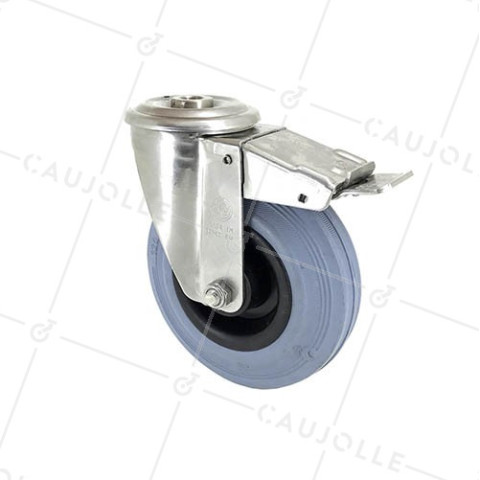 STAINLESS STEEL AND RUBBER BRAKED CASTOR WITH CENTRE EYE 125 MM DIAMETER 110 KG MAX LOAD - INOX O 125C • Caujolle