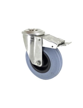 STAINLESS STEEL AND RUBBER BRAKED CASTER WITH CENTRAL HOLE 125 MM