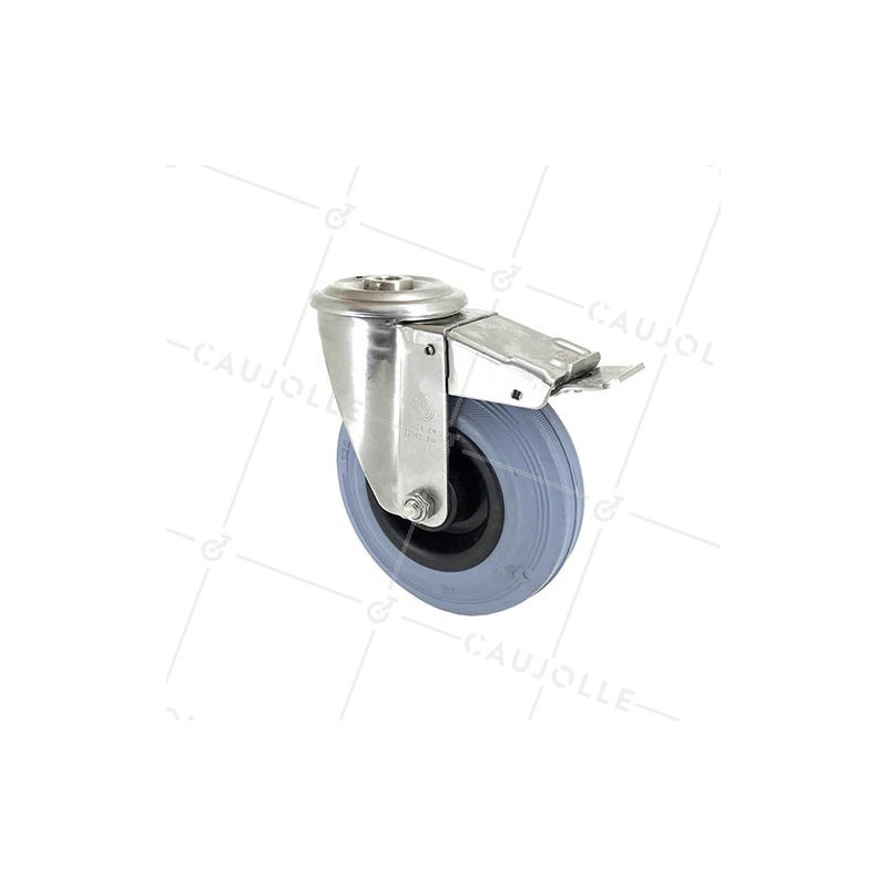 ROULETTE À OEIL À FREIN INOX ET CAOUTCHOUC DIAMÈTRE 125 MM CHARGE 110 KG À FIXATION DE 12 MM - INOX O 125CAF