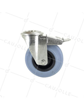 ROULETTE À OEIL À FREIN INOX ET CAOUTCHOUC DIAMÈTRE 125 MM CHARGE 110 KG À FIXATION DE 12 MM - INOX O 125CAF