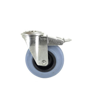ROULETTE À OEIL À FREIN INOX ET CAOUTCHOUC DIAMÈTRE 125 MM CHARGE 110 KG À FIXATION DE 12 MM - INOX O 125CAF