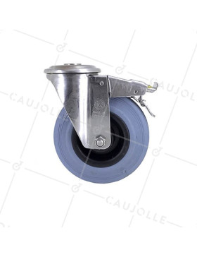 STAINLESS STEEL AND RUBBER BRAKED CASTER WITH CENTRAL HOLE 125 MM