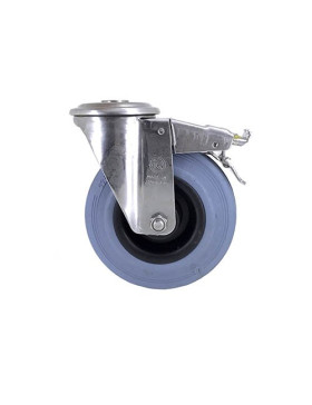 STAINLESS STEEL AND RUBBER BRAKED CASTER WITH CENTRAL HOLE 125 MM