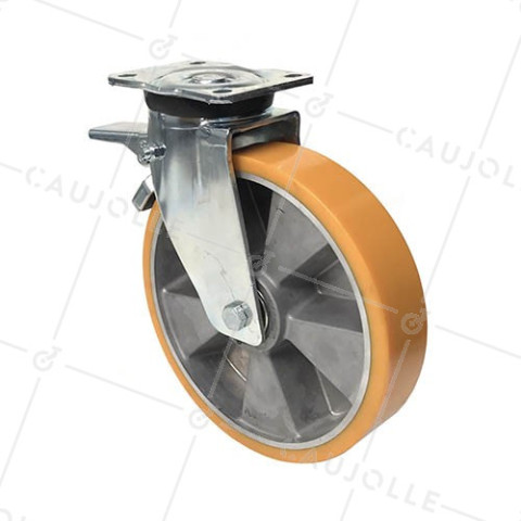 Braked swivel castor in reinforced polyurethane aluminium rim 250 mm diameter 1,000 kg max load - S78AR 250AF • Caujolle
