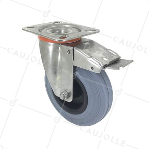 ROULETTE INOX EN CAOUTCHOUC NON TACHANT À FREIN DIAMÈTRE 125 MM CHARGE 110 KG • Caujolle