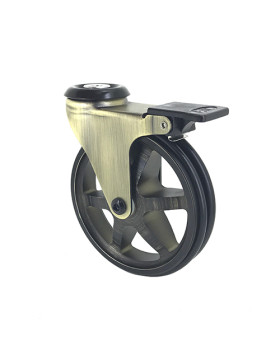 ROULETTE DESIGN RÉTRO A FREIN EN ALUMINIUM DORÉ DIAMÈTRE 125 MM CHARGE 70KG À FIXATION DE 10 MM - GOLDSTYL125OAF