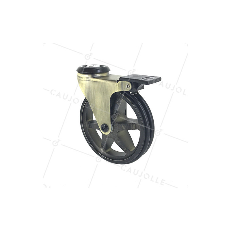 ROULETTE DESIGN RÉTRO A FREIN EN ALUMINIUM DORÉ DIAMÈTRE 125 MM CHARGE 70KG À FIXATION DE 10 MM - GOLDSTYL125OAF