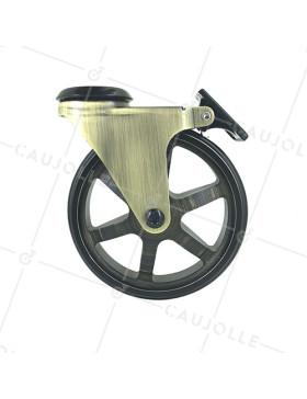 ROULETTE DESIGN RÉTRO A FREIN EN ALUMINIUM DORÉ DIAMÈTRE 125 MM CHARGE 70KG À FIXATION DE 10 MM - GOLDSTYL125OAF