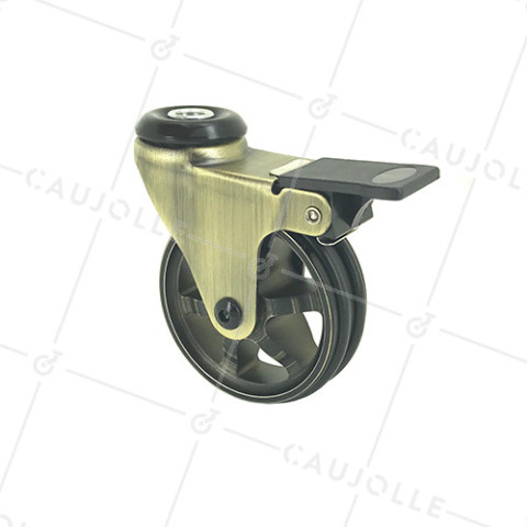 ROULETTE DESIGN RÉTRO A FREIN  EN ALUMINIUM DORÉ DIAMÈTRE 75 MM CHARGE 45KG À FIXATION DE 10 MM - GOLDSTYL75OAF • Caujolle