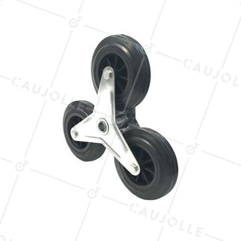SUPPORT 3 ROUES EN CAOUTCHOUC NOIR POUR DIABLE ESCALIER CHARGE 200 KG AXE 20 MM BILLES • Caujolle