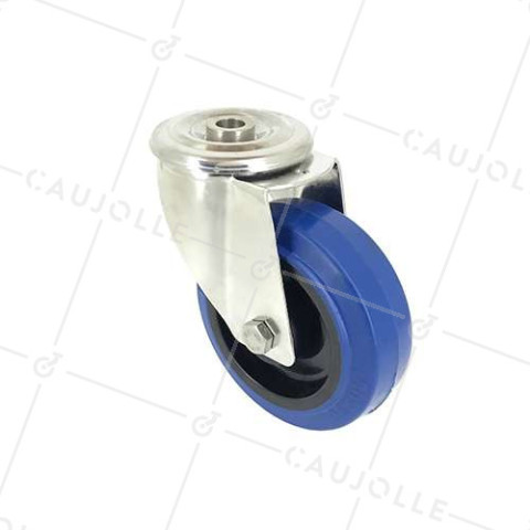 STAINLESS STEEL AND SUPPLE RUBBER CASTOR WITH CENTRE EYE 100 MM DIAMETER 150 KG MAX LOAD -INOX O 100 BLEUE • Caujolle