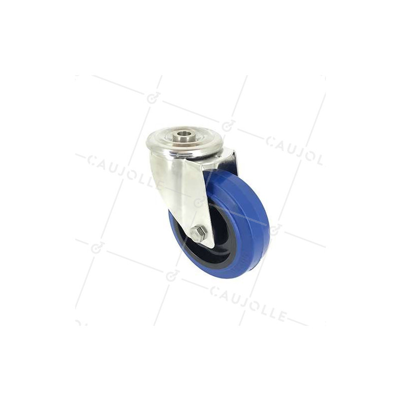 ROULETTE INOX EN CAOUTCHOUC ÉLASTIQUE À OEIL DIAMÈTRE 100 MM CHARGE 150 KG À FIXATION DE 12 MM - INOXO100 BLEUE