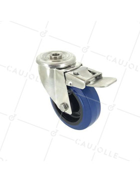 ROULETTE À OEIL À FREIN INOX EN CAOUTCHOUC ÉLASTIQUE DIAMÈTRE 100 MM CHARGE 150 KG À FIXATION DE 12 MM - INOXO100 BLEUE AF • Caujolle