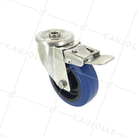 STAINLESS STEEL AND SUPPLE RUBBER CASTOR WITH CENTRE EYE AND BRAKE 100 MM DIAMETER 150 KG MAX LOAD - INOX O 100 BLEUE AF • Caujolle