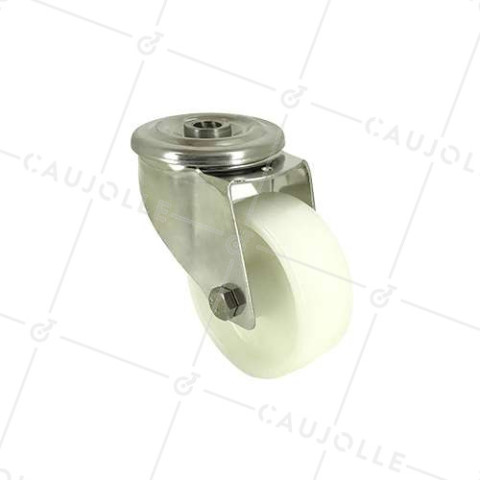STAINLESS STEEL AND NYLON CASTOR WITH CENTRAL EYE DIAMETER 80 MM 150 KG MAX LOAD - INOX O 80 • Caujolle