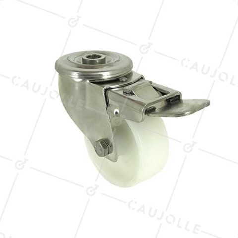 ROULETTE À OEIL À FREIN INOX EN NYLON DIAMÈTRE 80 MM CHARGE 150 KG À FIXATION DE 12 MM - INOX O 80AF • Caujolle
