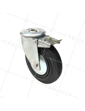 BRAKED BOLTHOLE CASTOR IN RUBBER 200 MM DIAMETER MAX LOAD 200 KG - S74OC 200AF • Caujolle