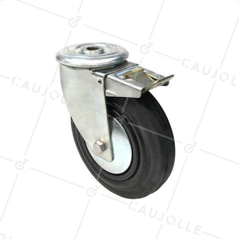 BRAKED BOLTHOLE CASTOR IN RUBBER 200 MM DIAMETER MAX LOAD 200 KG - S74OC 200AF • Caujolle