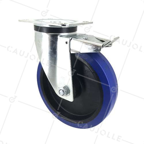 Industrial usage castor wheel swivel 200 mm diameter blue rubber with brake • Caujolle