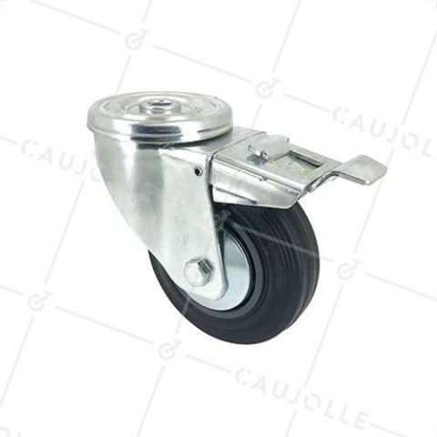 Rubber castor wheel with plate and brake 80 mm diameter S2C  • Caujolle