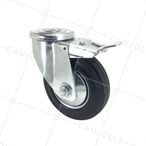Castor CLASSIC HANDLING CASTOR WITH Bolt hole RUBBER BRAKE DIAMETER 125 MM LOAD 100 KG WITH 12 MM FIXING - S06C125LAF • Caujolle
