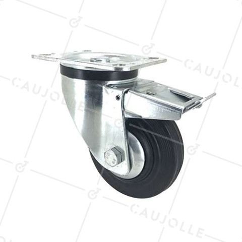 REINFORCED RUBBER INDUSTRIAL CASTOR WITH BRAKE DIAMETER 125 MM MAX LOAD 200 KG - S74C125AF • Caujolle