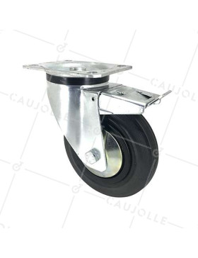 REINFORCED BRAKED INDUSTRIAL RUBBER CASTOR WITH FIXING PLATE DIAMETER 160 MM MAX LOAD 200 KG - S74C160AF • Caujolle