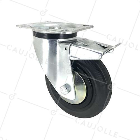 REINFORCED BRAKED INDUSTRIAL RUBBER CASTOR WITH FIXING PLATE DIAMETER 160 MM MAX LOAD 200 KG - S74C160AF • Caujolle