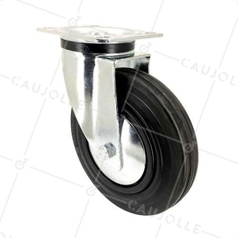 RUBBER INDUSTRIAL CASTOR WITH FIXING PLATE DIAMETER 200 MM MAX LOAD 200 KG - S74C200 • Caujolle