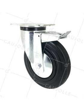 RUBBER REINFORCED INDUSTRIAL CASTOR WITH FIXING PLATE AND BRAKE DIAMETER 200 MM MAX LOAD 200 KG - S74C200AF • Caujolle
