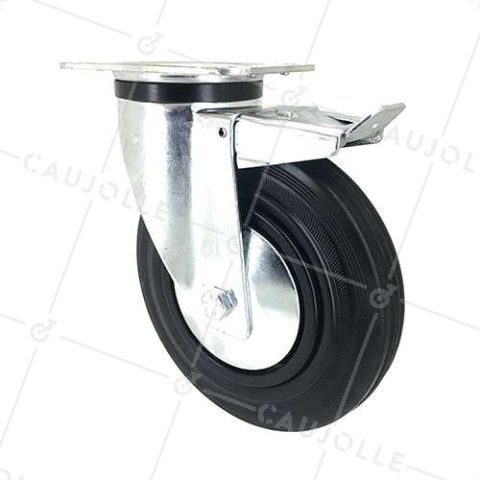 RUBBER REINFORCED INDUSTRIAL CASTOR WITH FIXING PLATE AND BRAKE DIAMETER 200 MM MAX LOAD 200 KG - S74C200AF • Caujolle