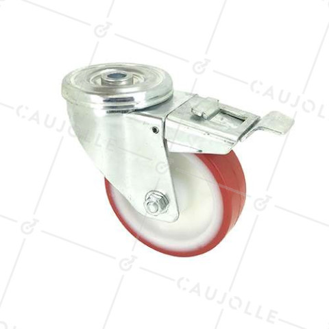 ROULETTE DE MANUTENTION À OEIL À FREIN EN POLYURÉTHANE ROUGE DIAMÈTRE 100 MM CHARGE 120 KG À FIXATION DE 12 MM - S06NP 100AF • Caujolle