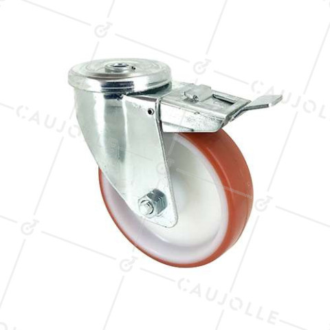 ROULETTE DE MANUTENTION À OEIL À FREIN EN POLYURÉTHANE ROUGE DIAMÈTRE 125 MM CHARGE 120 KG À FIXATION DE 12 MM - S06NP 125AF • Caujolle