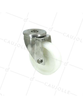 STAINLESS STEEL AND NYLON CASTOR WITH CENTRAL EYE DIAMETER 80 MM 150 KG MAX LOAD - INOX O 80 • Caujolle