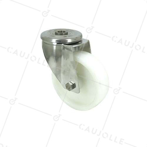 STAINLESS STEEL AND NYLON CASTOR WITH CENTRAL EYE DIAMETER 80 MM 150 KG MAX LOAD - INOX O 80 • Caujolle