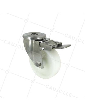 ROULETTE À OEIL À FREIN EN INOX ET ROUE NYLON DIAMÈTRE 100 MM CHARGE 150 KG À FIXATION DE 12 MM - INOX O 100AF • Caujolle