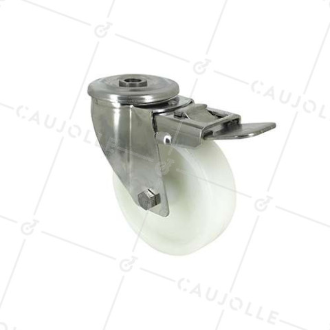 ROULETTE À OEIL À FREIN EN INOX ET ROUE NYLON DIAMÈTRE 100 MM CHARGE 150 KG À FIXATION DE 12 MM - INOX O 100AF • Caujolle