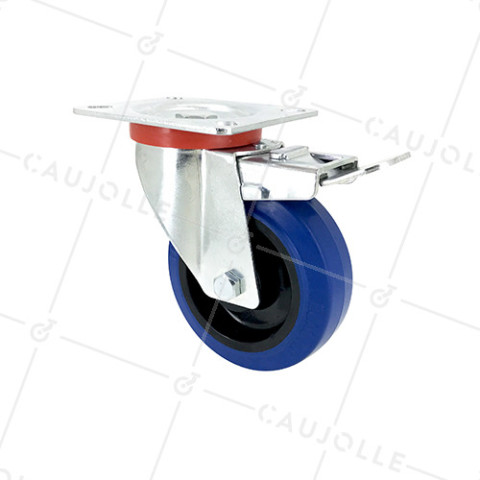 INDUSTRIAL RUBBER NON-MARKING FLIGHT CASE CASTER WHEEL WITH BRAKE, 100 MM DIAMETER, 120 KG LOAD CAPACITY - S2NS100AFBLEUE • Caujolle