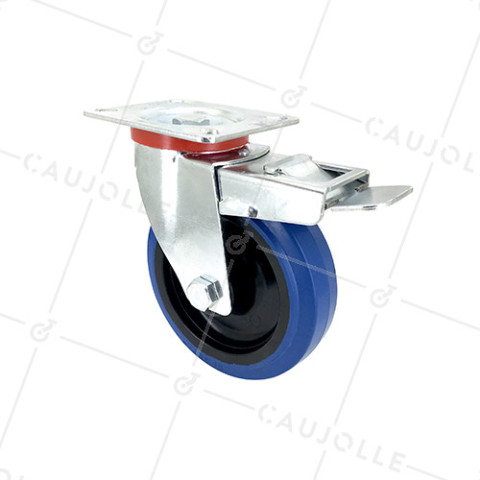INDUSTRIAL RUBBER NON-MARKING FLIGHT CASE CASTER WHEEL WITH BRAKE, 125 MM DIAMETER, 120 KG LOAD CAPACITY - S2NS125AFBLEUE • Caujolle