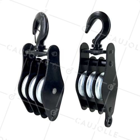 PAIRE DE MOUFLE DE LEVAGE POUR CORDE DE 10 MM DIAMETRE 45 MM CHARGE 150 KG • Caujolle