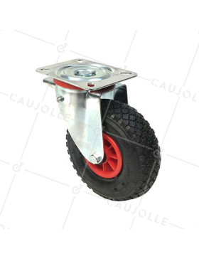 ALL-SURFACE PNEUMATIC SWIVEL CASTOR WITH BRAKE 260 MM DIAMETER 80 KG MAX LOAD • Caujolle