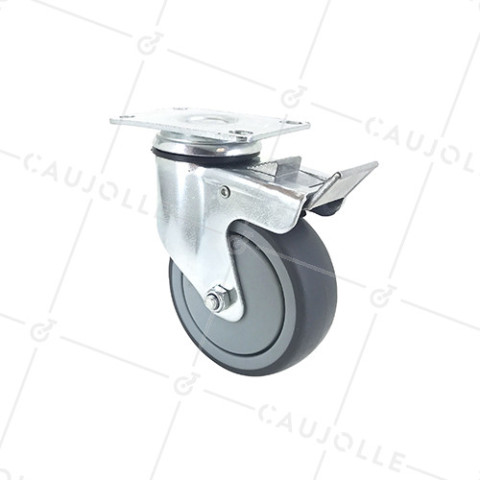 ROULETTE PIVOTANTE À PLATINE À FREIN EN CAOUTCHOUC SOUPLE ANTI-USURE ET NON TACHANT DIAMÈTRE 100MM CHARGE 130 KG - S15.P 100BL • Caujolle