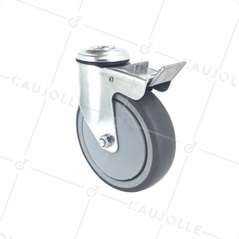 ROULETTE PIVOTANTE À OEIL À FREIN EN CAOUTCHOUC SOUPLE ANTI-USURE ET NON TACHANT DIAMÈTRE 125 MM CHARGE 150 KG À FIXATION DE 12 MM - S15.O 125BL • Caujolle
