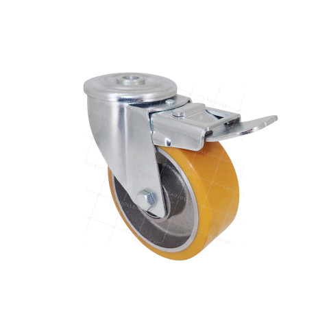Castor INDUSTRIAL POLYURETHANE DIAMETER 100 MM LOAD 120 KG AXLE 12 MM BRAKE BALLS - S06AR 100 AF • Caujolle