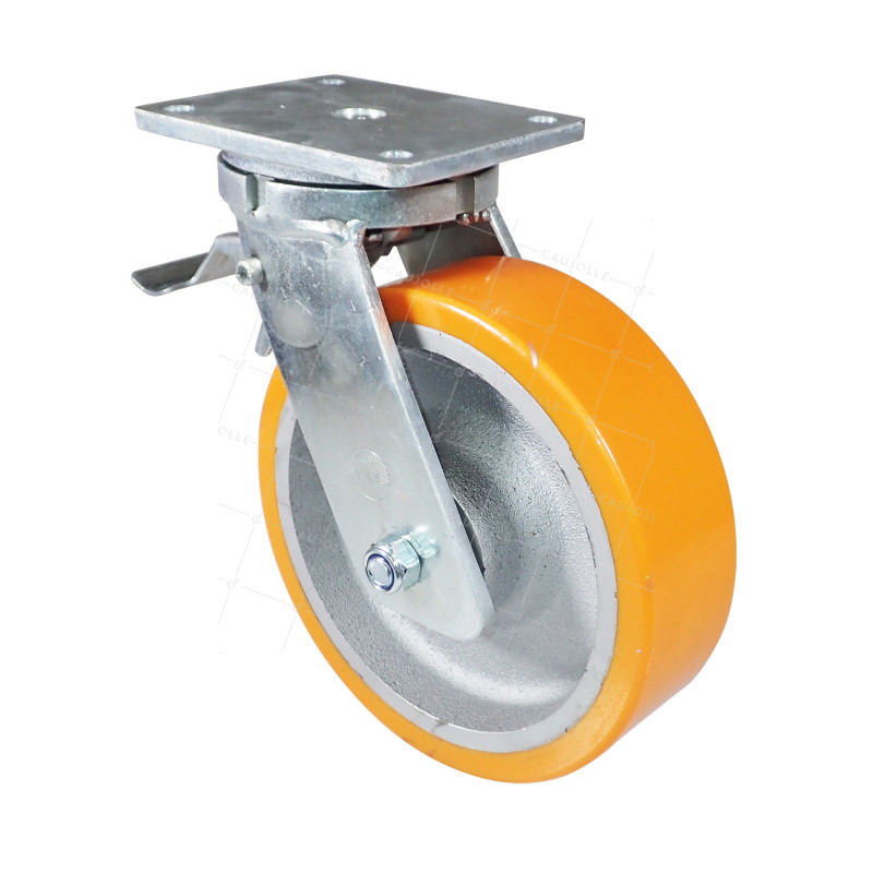 Castor SWIVEL CASTOR WITH BRAKE IN POLYURETHANE CAST IRON DIAMETER 250 MM LOAD 1800 KG - STEC 250 PAF