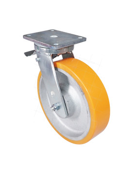 Castor SWIVEL CASTOR WITH BRAKE IN POLYURETHANE CAST IRON DIAMETER 300 MM LOAD 2000 KG - STEC 300 PAF • Caujolle