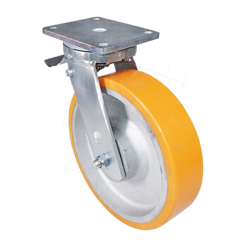 Castor SWIVEL CASTOR WITH BRAKE IN POLYURETHANE CAST IRON DIAMETER 300 MM LOAD 2000 KG - STEC 300 PAF