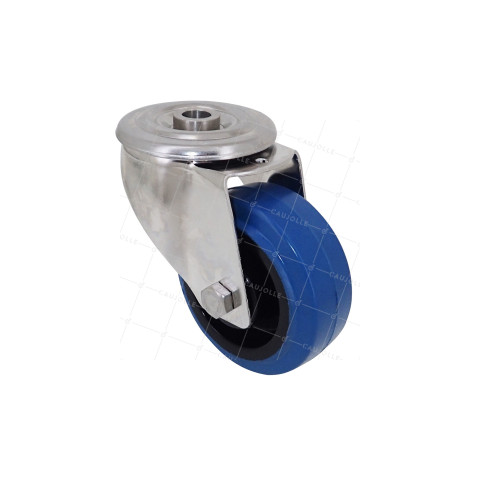 ROULETTE INOX EN CAOUTCHOUC ÉLASTIQUE À OEIL DIAMÈTRE 80 MM CHARGE 120 KG À FIXATION DE 12 MM - INOX OEIL 80 BLEU • Caujolle