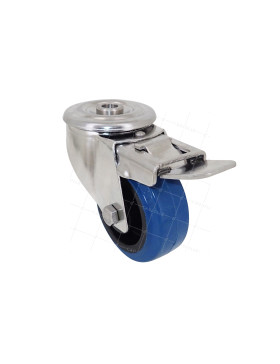 ROULETTE INOX EN CAOUTCHOUC ÉLASTIQUE À OEIL À FREIN DIAMÈTRE 80 MM CHARGE 120 KG À FIXATION DE 12 MM - INOX OEIL 80AF BLEU • Caujolle